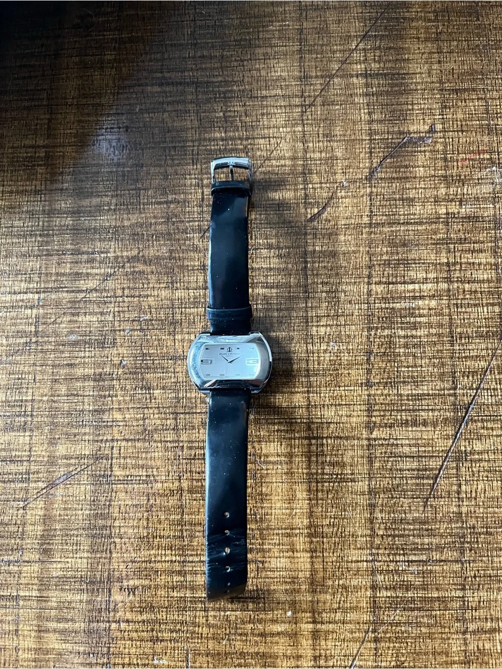 Classic Black Baume and Mercier leather Strap Wristwatch with Silver Dial
